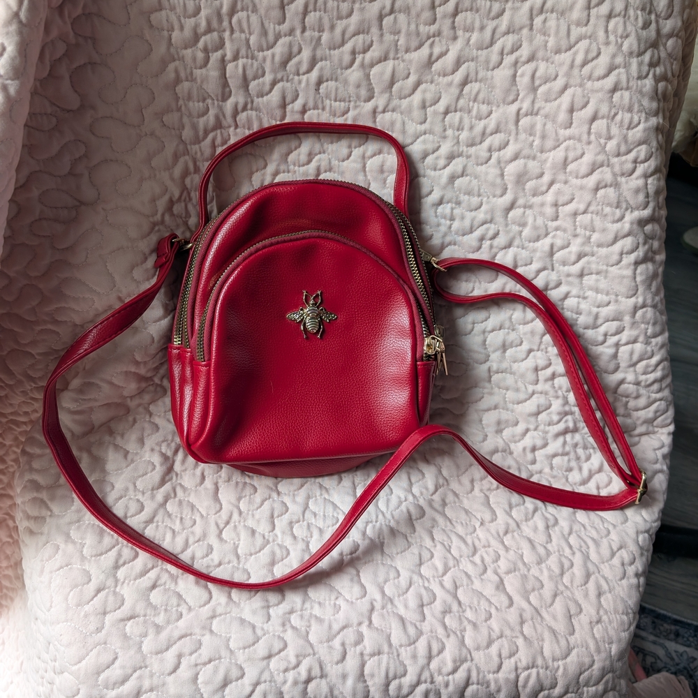 💐Faux Red Leather Backpack with Bumblebee Charm